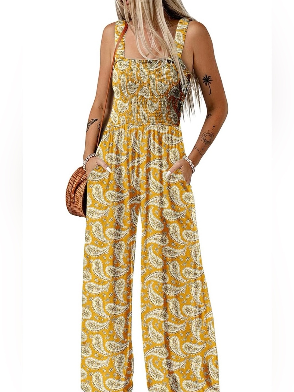 Mustard Paisley Linen-Blend Jumpsuit